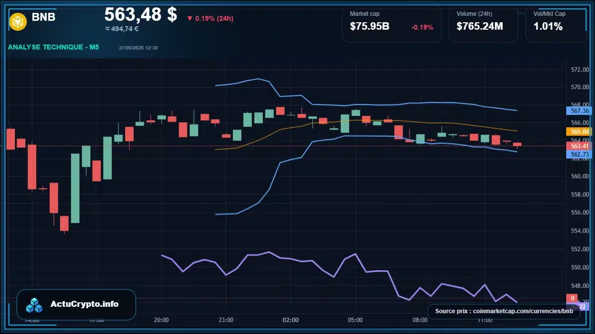 Graphique du cours BNB à 563 $ Analyse technique du cours de BNB de binancecoin à 563 $ aujourd'hui