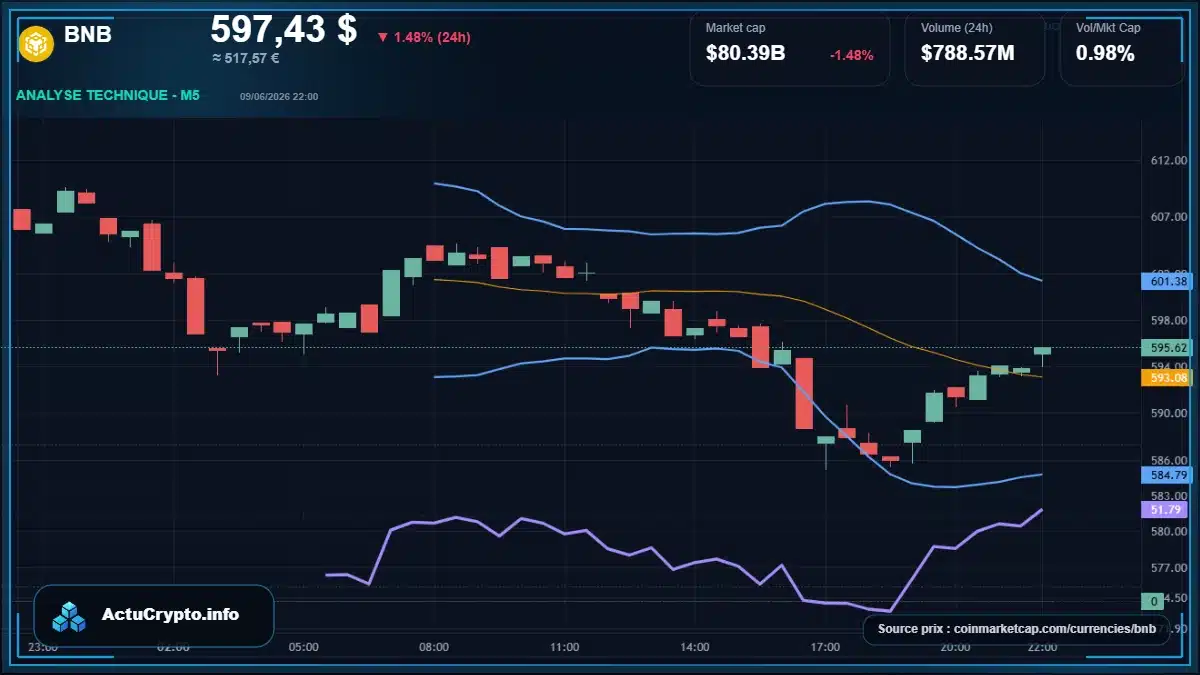 Graphique du cours BNB à 597 $ Analyse technique du cours de BNB de binancecoin à 597 $ aujourd'hui