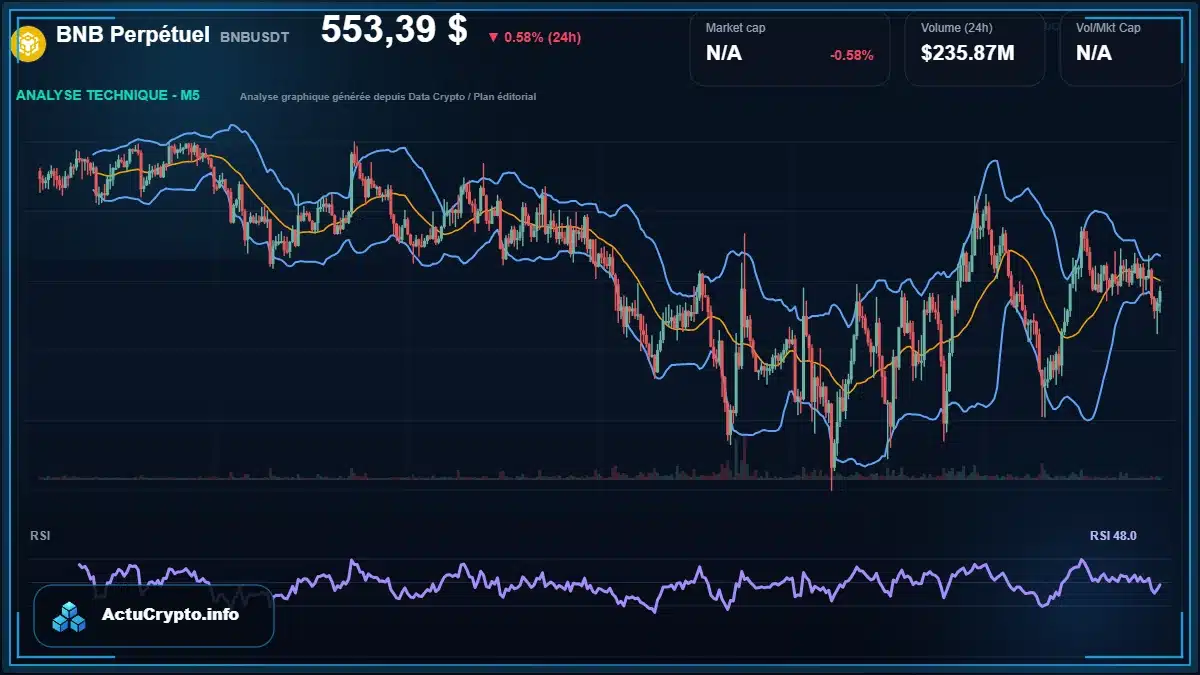 Graphique du cours BNB Perpétuel à 553 $ Analyse technique du cours de BNB Perpétuel de binancecoin à 553 $ aujourd'hui