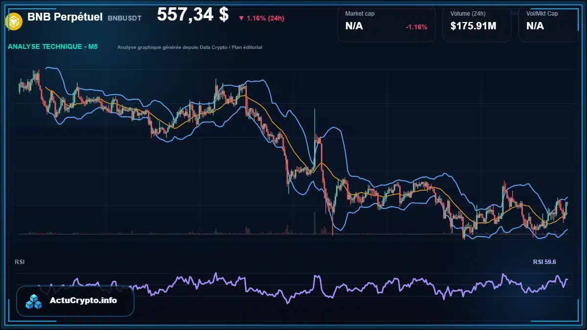 Graphique du cours BNB Perpétuel à 557 $ Analyse technique du cours de BNB Perpétuel de binancecoin à 557 $ aujourd'hui