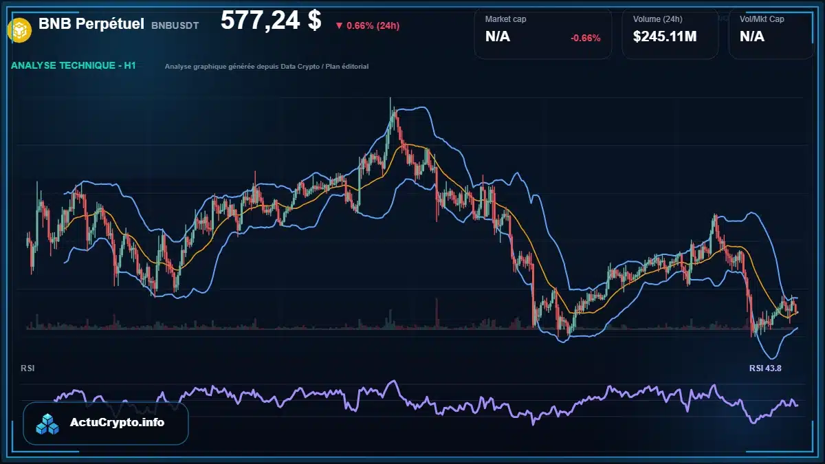Graphique du cours BNB Perpétuel à 577 $ Analyse technique du cours de BNB Perpétuel de binancecoin à 577 $ aujourd'hui
