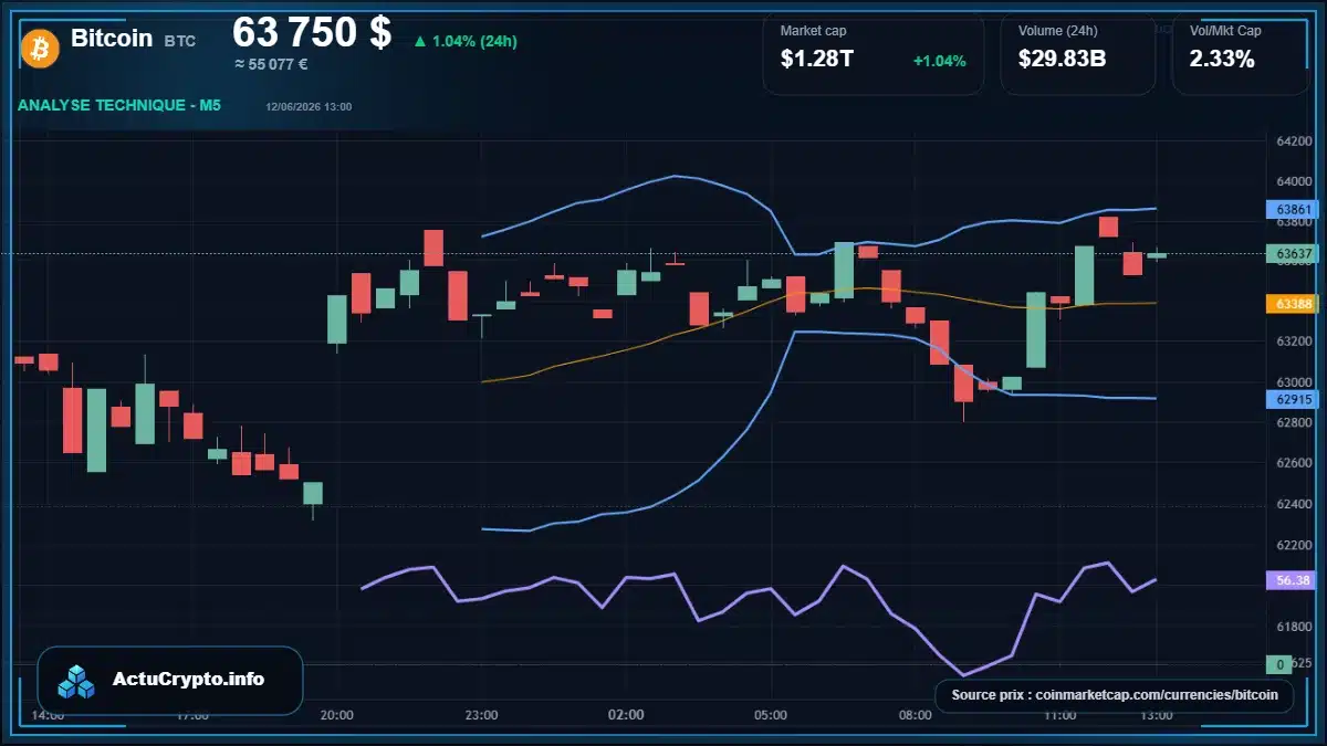 Graphique du cours Bitcoin à 63750 $ Analyse technique du cours de Bitcoin de bitcoin à 63750 $ aujourd'hui
