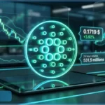 Logo 3D du Cardano avec le prix de 0,1719 dollar et des graphiques de trading en arriere-plan