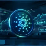 Interface de trading affichant le cours Cardano en hausse avec le logo ADA lumineux et des graphiques financiers