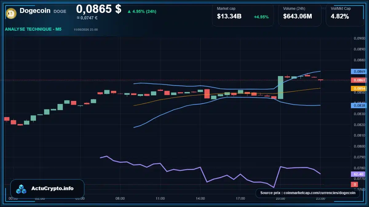 Graphique du cours Dogecoin à 0.09 $ Analyse technique du cours de Dogecoin de dogecoin à 0.09 $ aujourd'hui