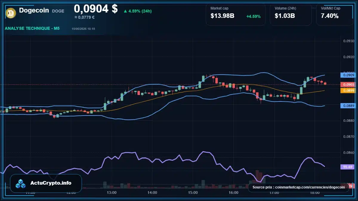 Graphique du cours Dogecoin à 0.09 $ Analyse technique du cours de Dogecoin de dogecoin à 0.09 $ aujourd'hui