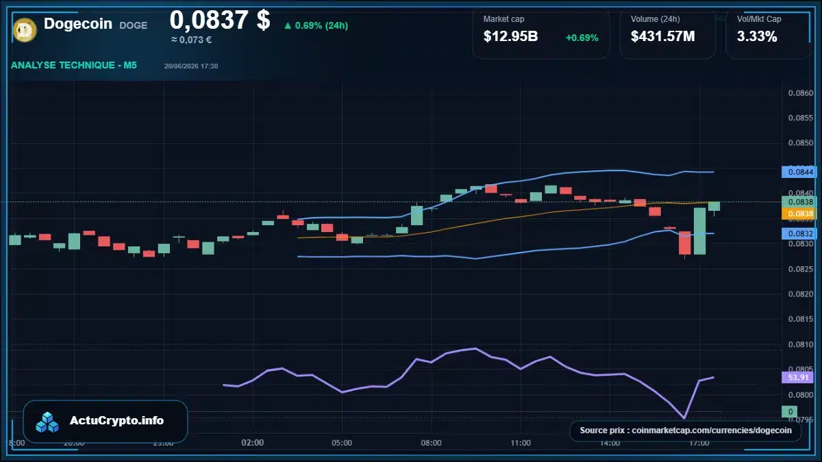 Graphique du cours Dogecoin à 0.08 $ Analyse technique du cours de Dogecoin de dogecoin à 0.08 $ aujourd'hui