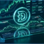Graphique virtuel affichant le cours Dogecoin à 0,0720 $ avec des indicateurs de trading en arrière-plan