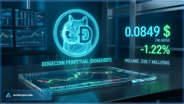 Interface holographique affichant le cours Dogecoin à 0,0849 dollar et l'analyse technique des contrats perpétuels