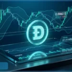 Graphique financier virtuel affichant le cours Dogecoin à 0,0860 dollar avec des indicateurs de trading