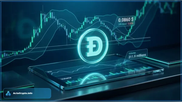 Graphique financier virtuel affichant le cours Dogecoin à 0,0860 dollar avec des indicateurs de trading