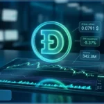 Graphique financier sur une tablette illustrant le cours Dogecoin en baisse à 0,0791 dollar