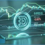 Graphique d'analyse technique illustrant le cours Dogecoin à 0,0723 dollar avec des indicateurs de trading en arrière-plan.