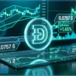 Graphique virtuel affichant le cours Dogecoin a 0,0757 dollar avec des donnees de trading