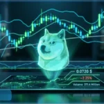 Hologramme du Doge affichant le cours Dogecoin a 0,0720 dollar sur fond de graphiques boursiers