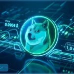 Interface de trading affichant le cours Dogecoin en hausse avec un prix de 0,0904 dollar et des indicateurs techniques verts