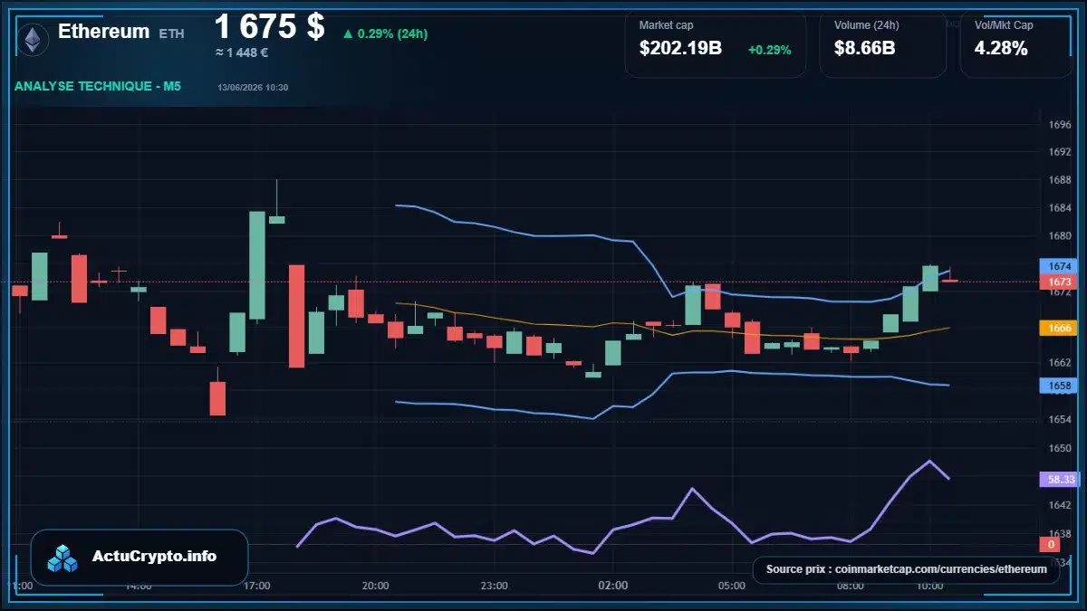 Graphique du cours Ethereum à 1675 $ Analyse technique du cours de Ethereum de ethereum à 1675 $ aujourd'hui