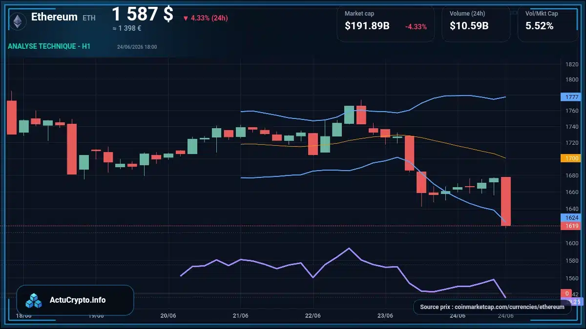 Graphique du cours Ethereum à 1587 $ Analyse technique du cours de Ethereum de ethereum à 1587 $ aujourd'hui