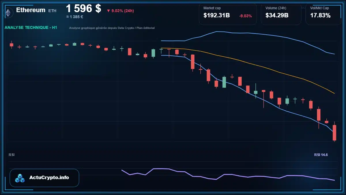 Graphique du cours Ethereum à 1596 $ Analyse technique du cours de Ethereum de ethereum à 1596 $ aujourd'hui