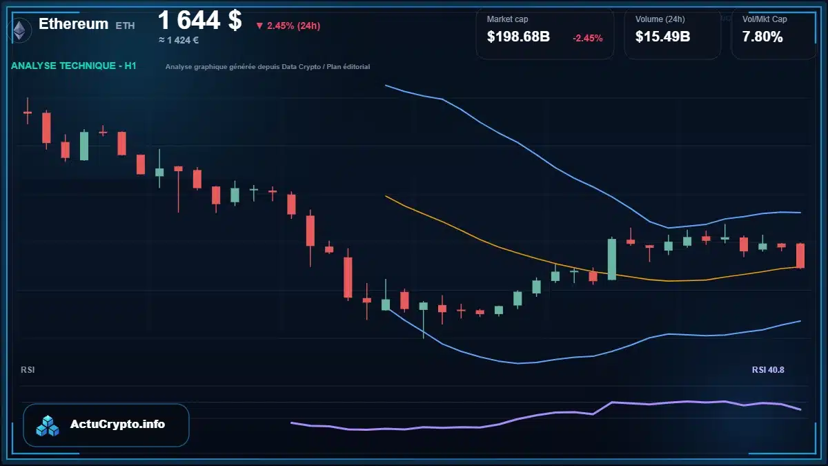 Graphique du cours Ethereum à 1644 $ Analyse technique du cours de Ethereum de ethereum à 1644 $ aujourd'hui