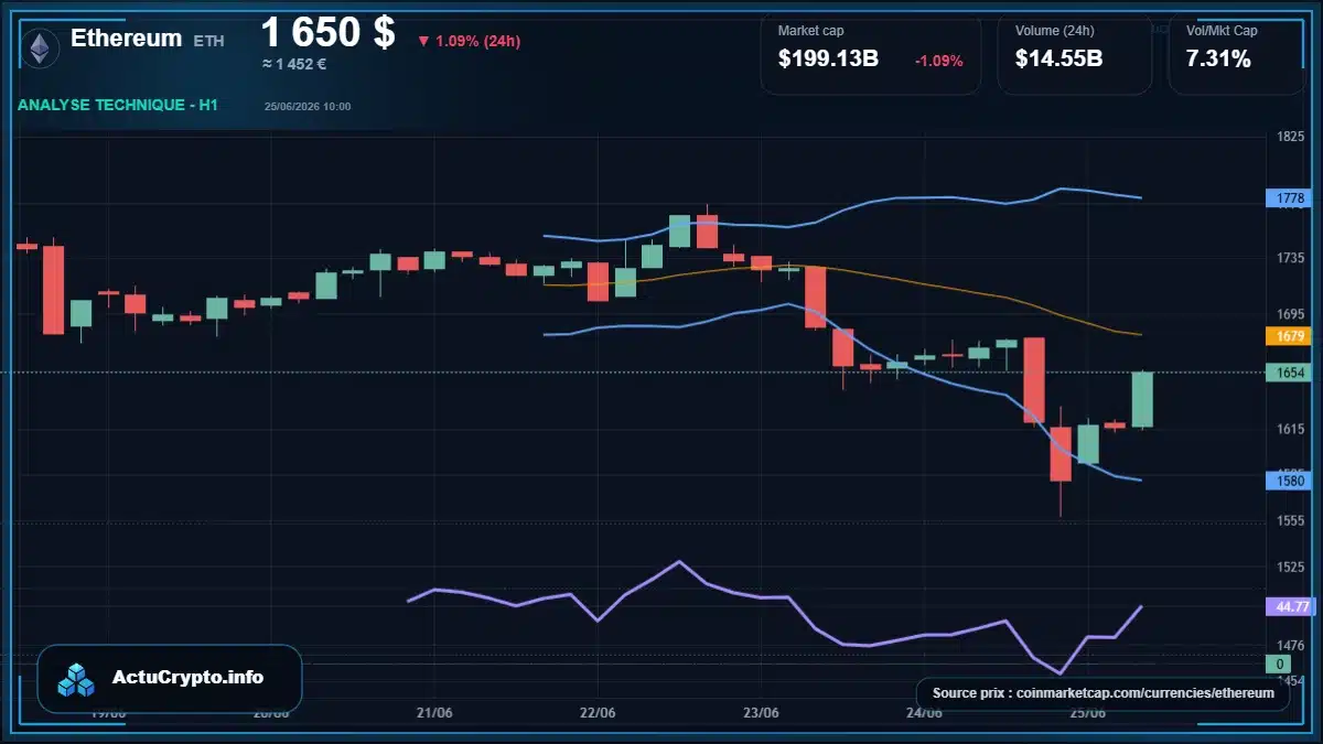 Graphique du cours Ethereum à 1650 $ Analyse technique du cours de Ethereum de ethereum à 1650 $ aujourd'hui