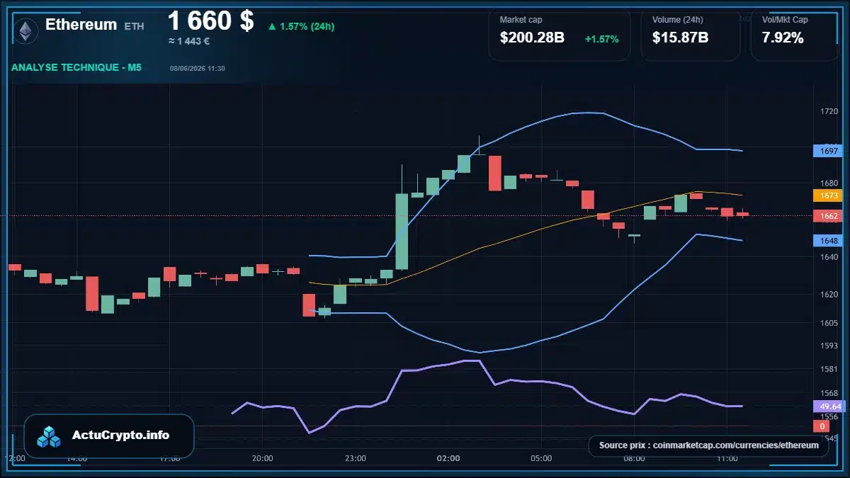 Graphique du cours Ethereum à 1660 $ Analyse technique du cours de Ethereum de ethereum à 1660 $ aujourd'hui