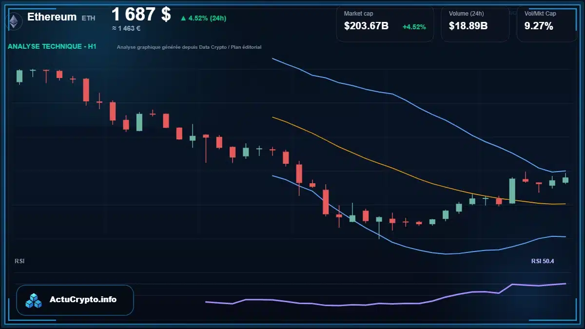 Graphique du cours Ethereum à 1687 $ Analyse technique du cours de Ethereum de ethereum à 1687 $ aujourd'hui