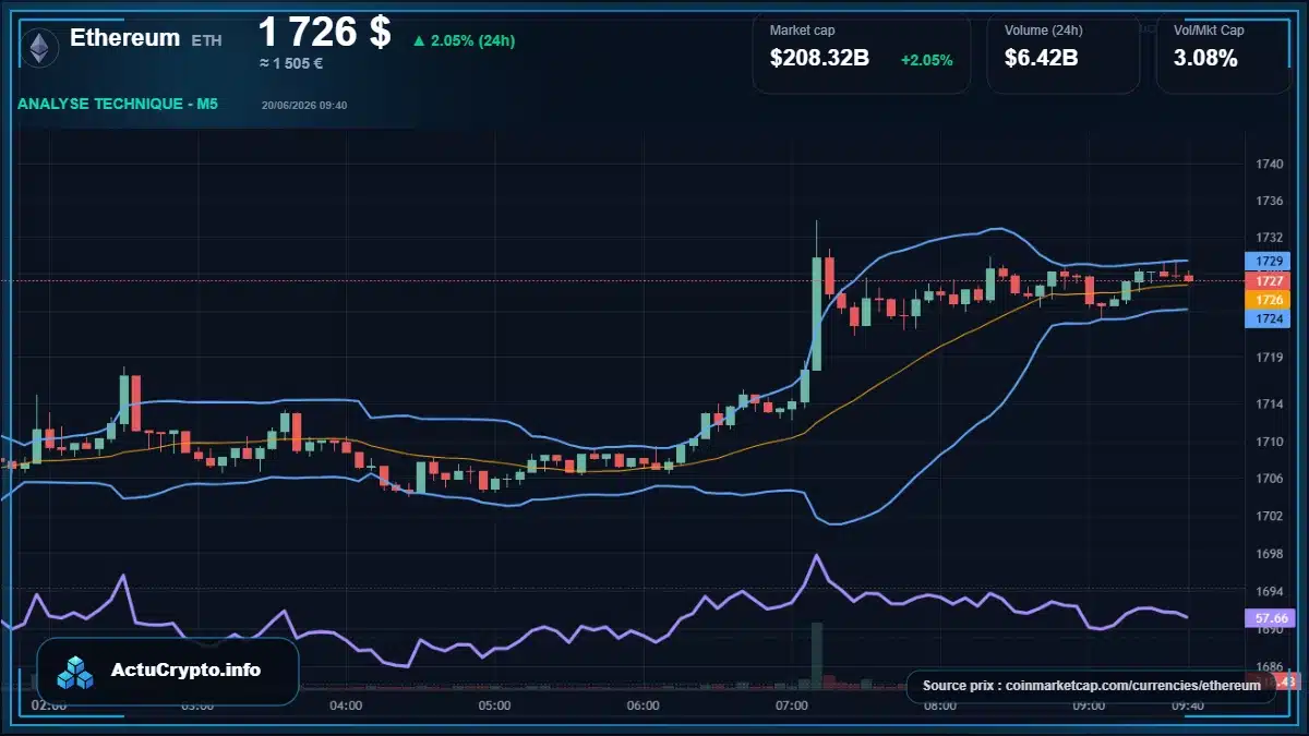 Graphique du cours Ethereum à 1726 $ Analyse technique du cours de Ethereum de ethereum à 1726 $ aujourd'hui