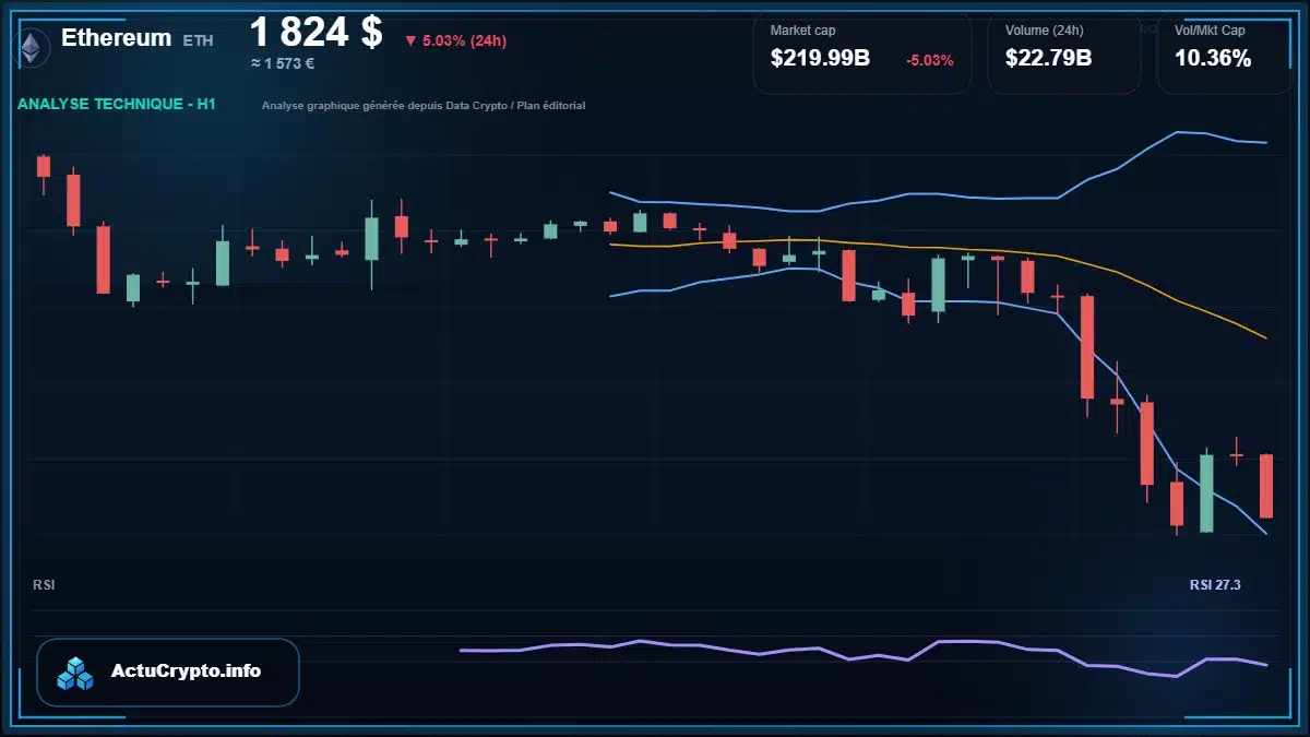 Graphique du cours Ethereum à 1824 $ Analyse technique du cours de Ethereum de ethereum à 1824 $ aujourd'hui