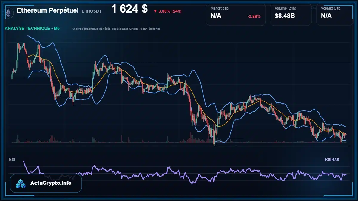 Graphique du cours Ethereum Perpétuel à 1624 $ Analyse technique du cours de Ethereum Perpétuel de ethereum à 1624 $ aujourd'hui