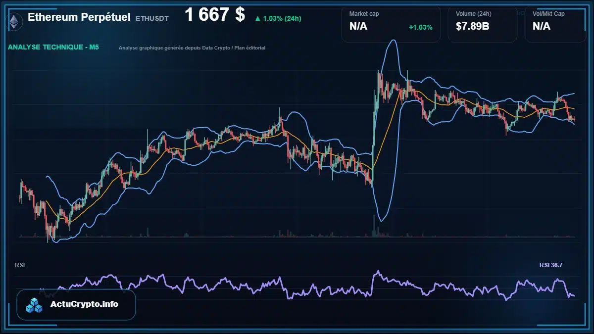 Graphique du cours Ethereum Perpétuel à 1667 $ Analyse technique du cours de Ethereum Perpétuel de ethereum à 1667 $ aujourd'hui