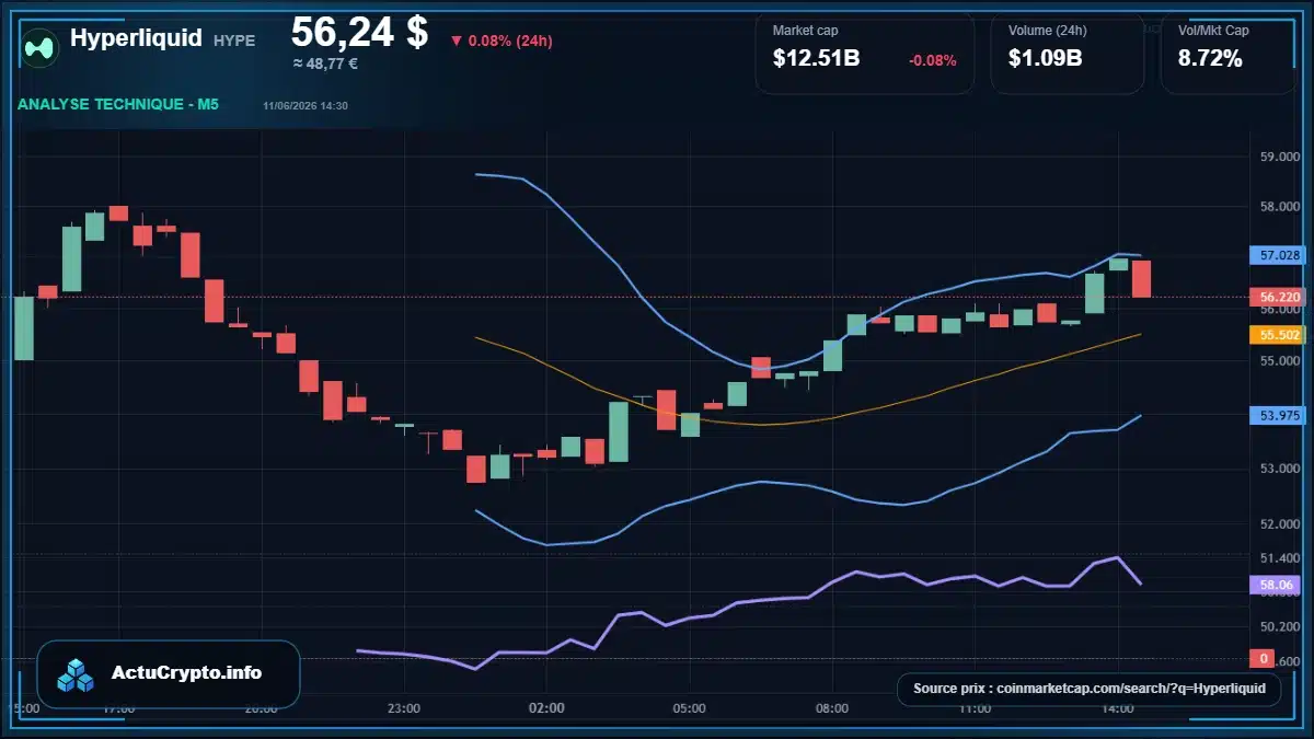 Graphique du cours Hyperliquid à 56.24 $ Analyse technique du cours de Hyperliquid de hyperliquid à 56.24 $ aujourd'hui