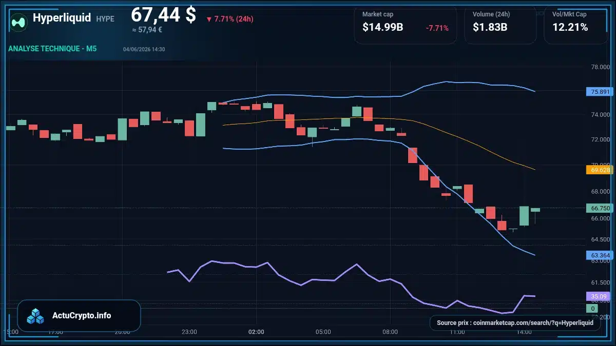 Graphique du cours Hyperliquid à 67.44 $ Analyse technique du cours de Hyperliquid de hyperliquid à 67.44 $ aujourd'hui