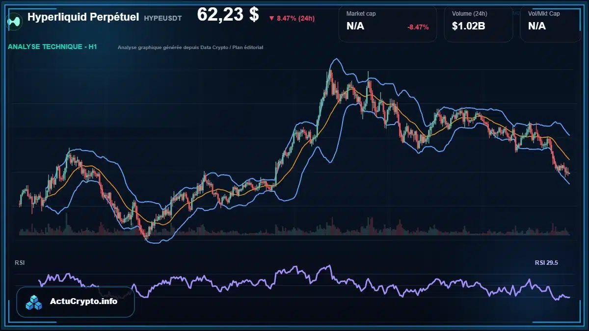 Graphique du cours Hyperliquid Perpétuel à 62.23 $ Analyse technique du cours de Hyperliquid Perpétuel de hyperliquid à 62.23 $ aujourd'hui