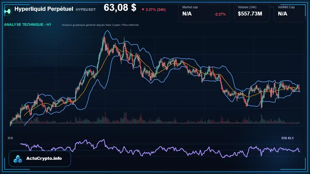 Graphique du cours Hyperliquid Perpétuel à 63.08 $ Analyse technique du cours de Hyperliquid Perpétuel de hyperliquid à 63.08 $ aujourd'hui