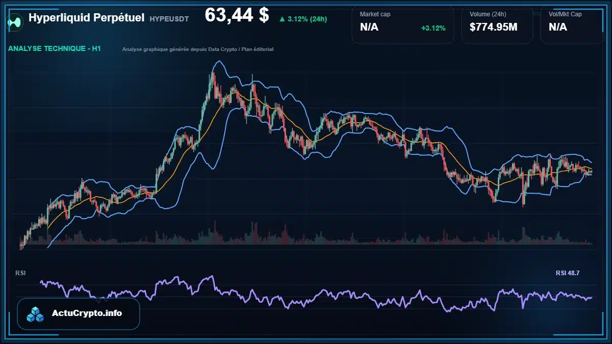 Graphique du cours Hyperliquid Perpétuel à 63.44 $ Analyse technique du cours de Hyperliquid Perpétuel de hyperliquid à 63.44 $ aujourd'hui
