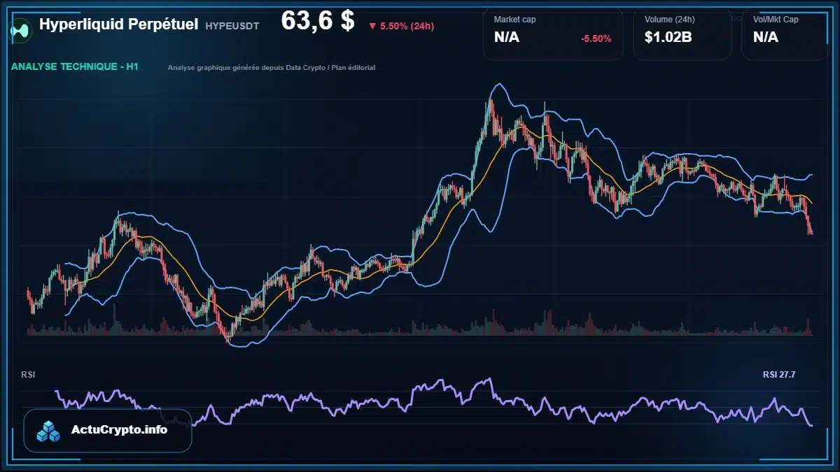 Graphique du cours Hyperliquid Perpétuel à 63.60 $ Analyse technique du cours de Hyperliquid Perpétuel de hyperliquid à 63.60 $ aujourd'hui