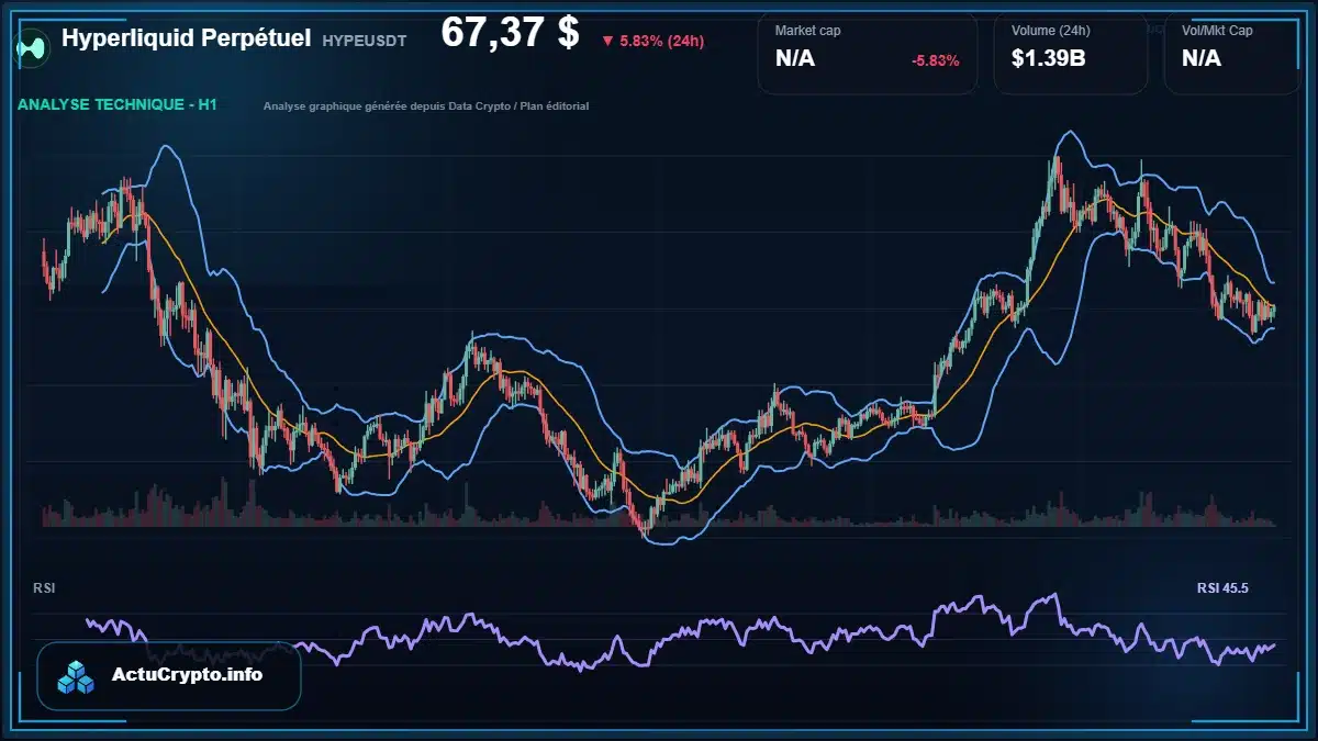 Graphique du cours Hyperliquid Perpétuel à 67.37 $ Analyse technique du cours de Hyperliquid Perpétuel de hyperliquid à 67.37 $ aujourd'hui