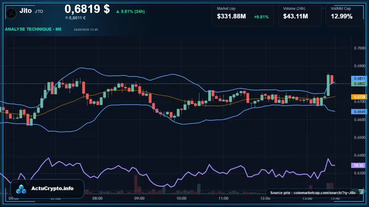 Graphique du cours Jito à 0.68 $ Analyse technique du cours de Jito de jito-governance-token à 0.68 $ aujourd'hui