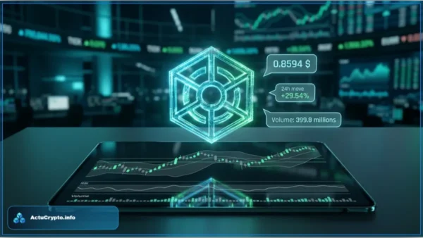 Interface de trading futuriste affichant le cours Jito à 0,85 dollar avec une hausse de 29 % et des indicateurs techniques
