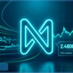 Logo lumineux de NEAR Protocol devant un graphique haussier affichant le cours NEAR à 2,48 dollars avec une hausse de 17,23 pourcents