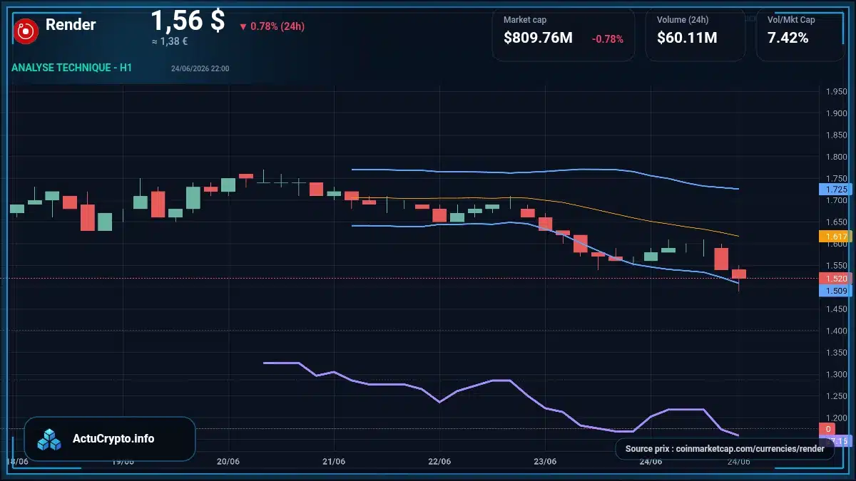 Graphique du cours Render à 1.56 $ Analyse technique du cours de Render de render-token à 1.56 $ aujourd'hui