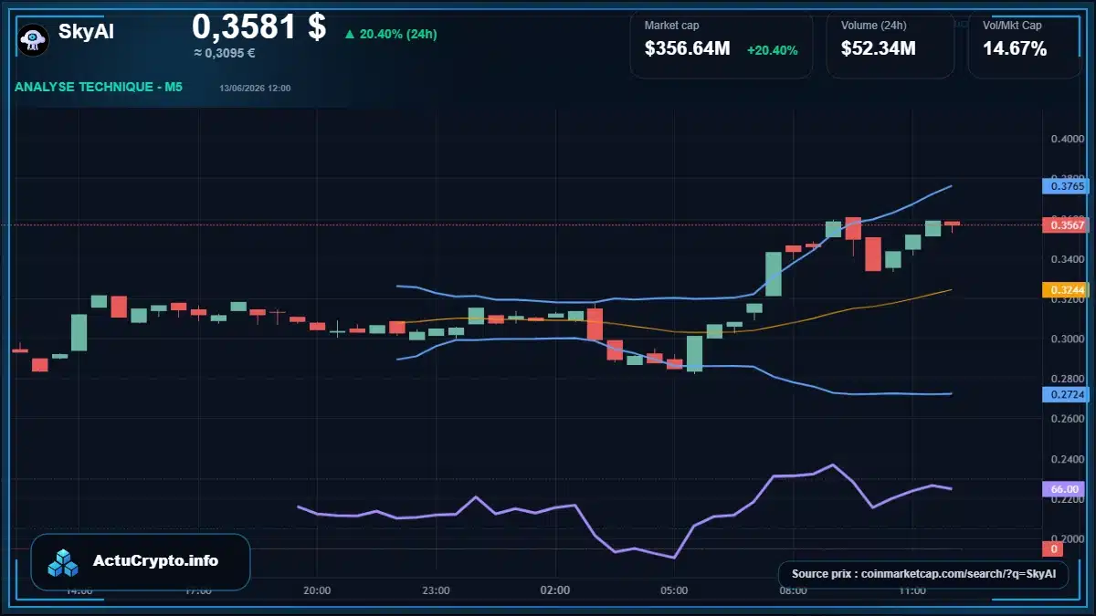 Graphique du cours SkyAI à 0.36 $ Analyse technique du cours de SkyAI de skyai à 0.36 $ aujourd'hui