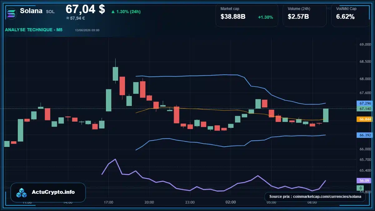 Graphique du cours Solana à 67.04 $ Analyse technique du cours de Solana de solana à 67.04 $ aujourd'hui