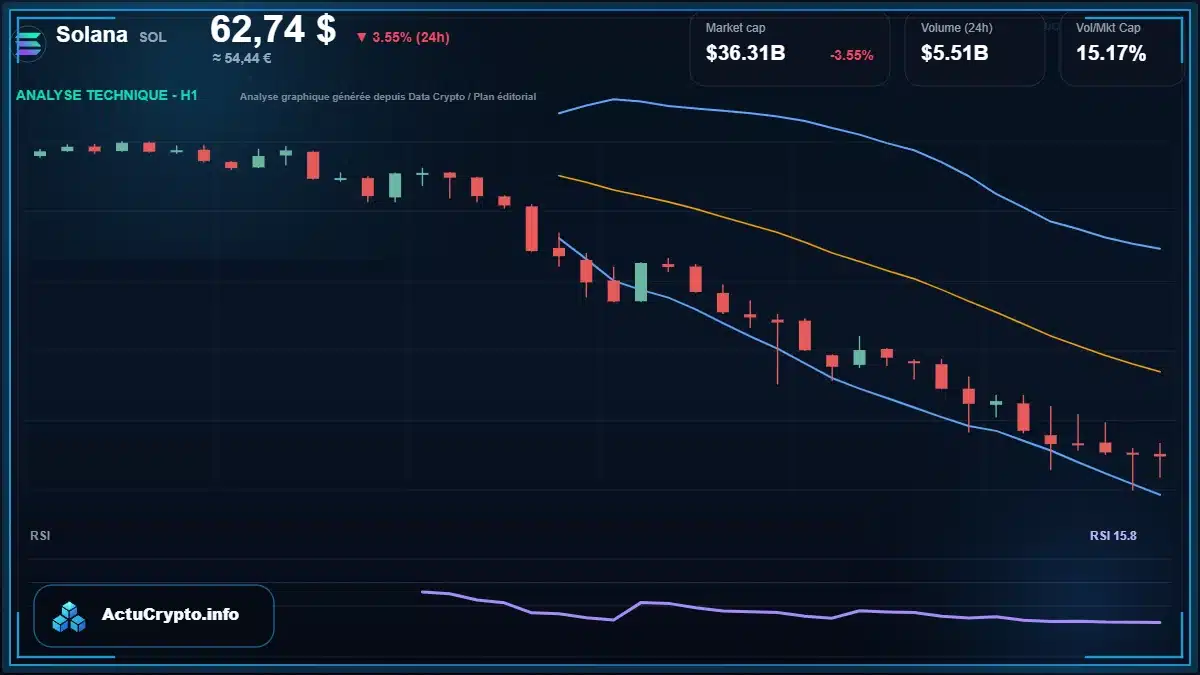Graphique du cours Solana à 62.74 $ Analyse technique du cours de Solana de solana à 62.74 $ aujourd'hui