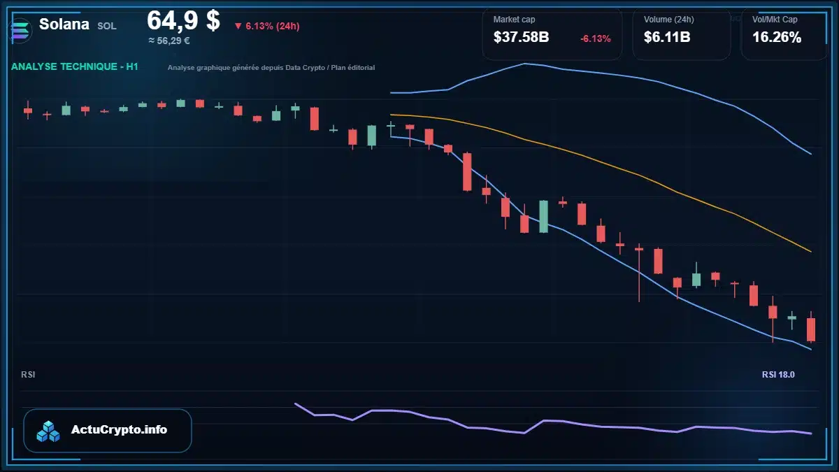 Graphique du cours Solana à 64.90 $ Analyse technique du cours de Solana de solana à 64.90 $ aujourd'hui