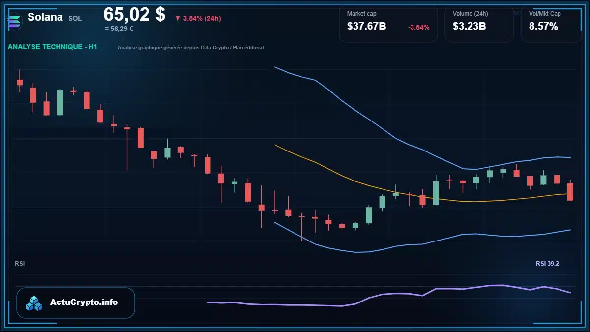 Graphique du cours Solana à 65.02 $ Analyse technique du cours de Solana de solana à 65.02 $ aujourd'hui