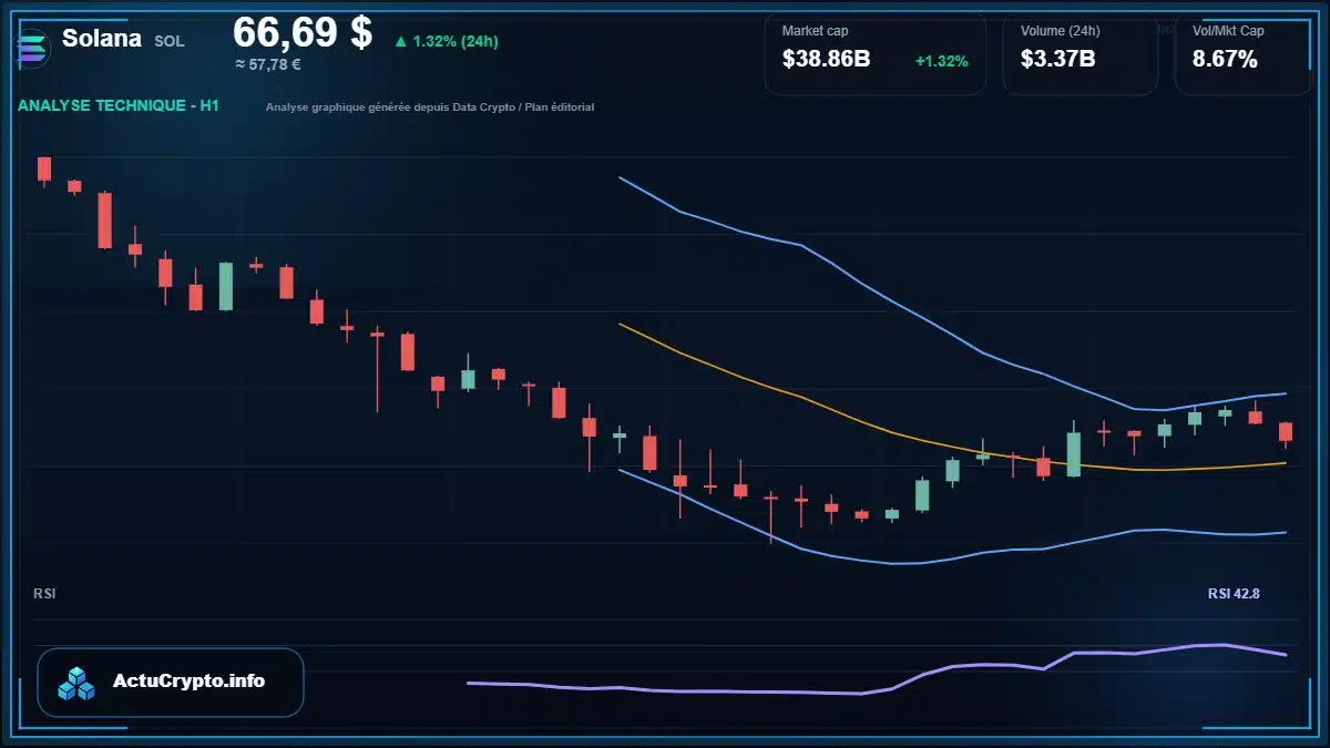 Graphique du cours Solana à 66.69 $ Analyse technique du cours de Solana de solana à 66.69 $ aujourd'hui