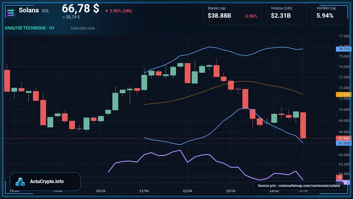 Graphique du cours Solana à 66.78 $ Analyse technique du cours de Solana de solana à 66.78 $ aujourd'hui