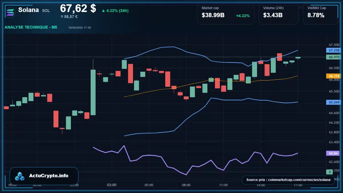 Graphique du cours Solana à 67.62 $ Analyse technique du cours de Solana de solana à 67.62 $ aujourd'hui